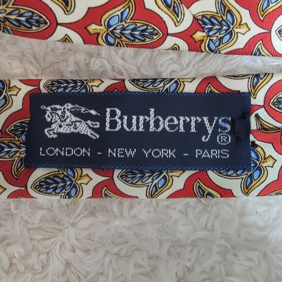 Vintage 90s Burberrys 100% Silk Tie Fleur De Lis Hand Made In USA Rare 57" Long - Picture 5 of 8
